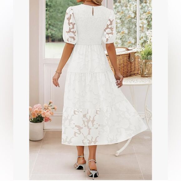ZESICA FLORAL LACE FLOWY SHORT SLEEVE SMOCKED MIDI DRESS - Picture 2 of 16